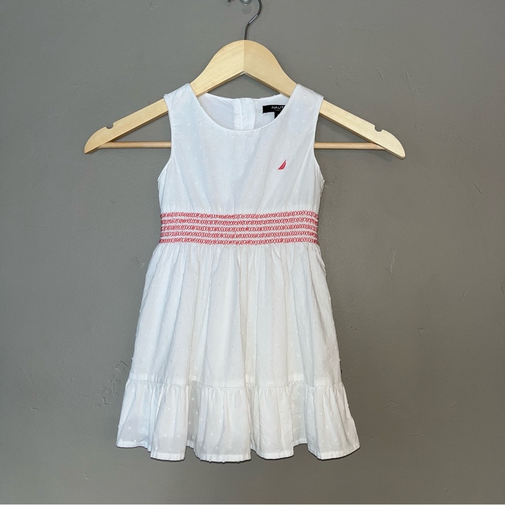 Nautica White Eyelet Dots Smocked Waist Dress Preppy Coastal Nautical 3T